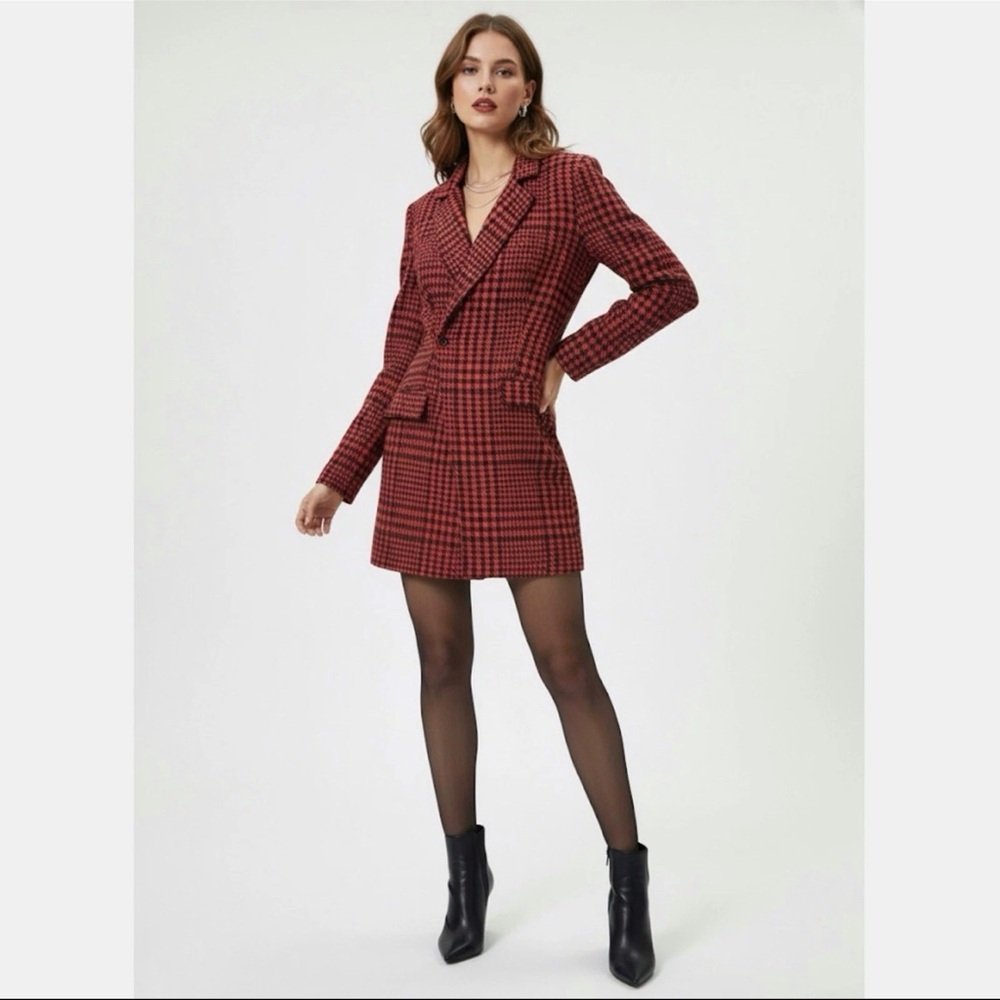 Zara Womens Textured Weave Houndstooth Jumpsuit Romper Mini Blazer Dress Small